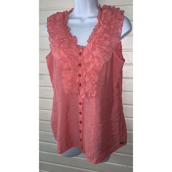ANTILIA FEMME Sz LARGE Peach Ruffled Neck Sleeveless Peasant Blouse Boho EUC - Picture 2 of 9